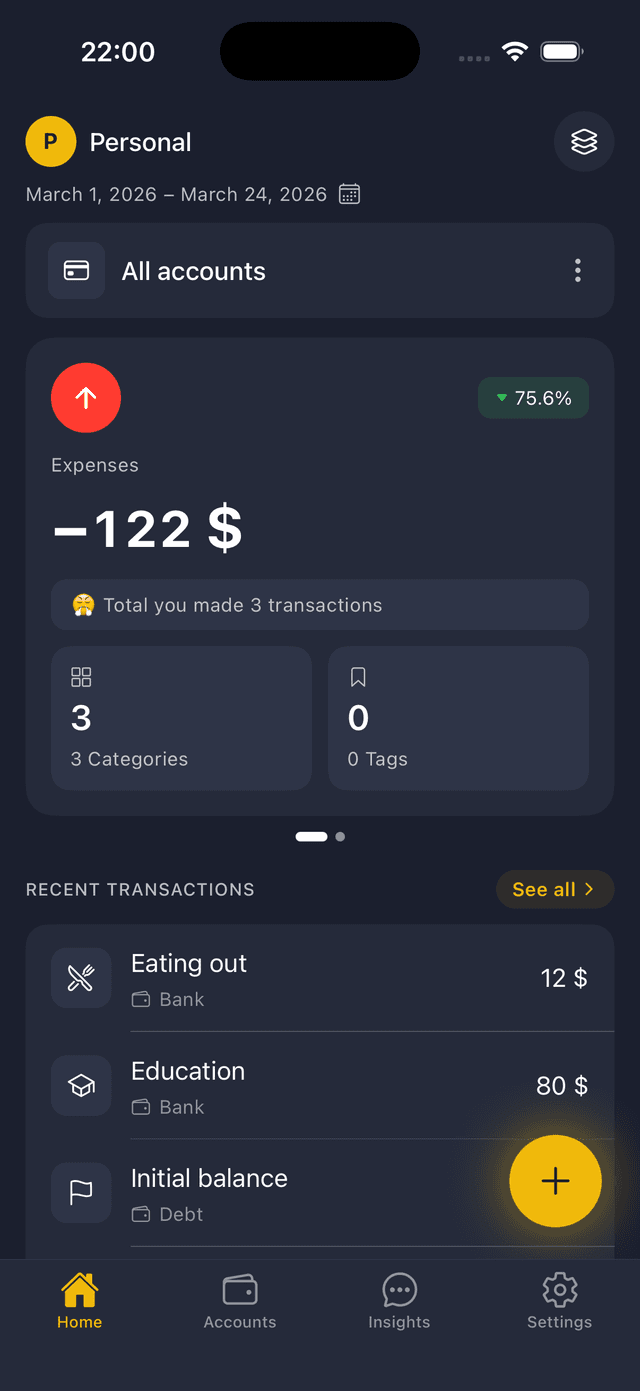 Monohroshi app showing expense tracking dashboard with balance overview and recent transactions